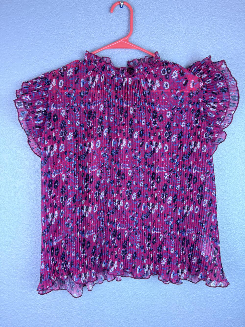 Anthropologie Blouse Womens XS Pink Floral Pleated Flutter Sleeve Sheer Top